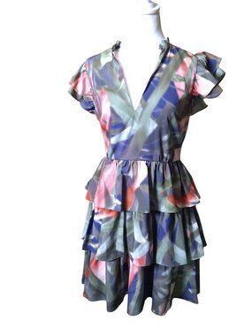 ONE33 Social Green Tropical Ruffled Tiered Dress Size 4 Resortwear Feminine